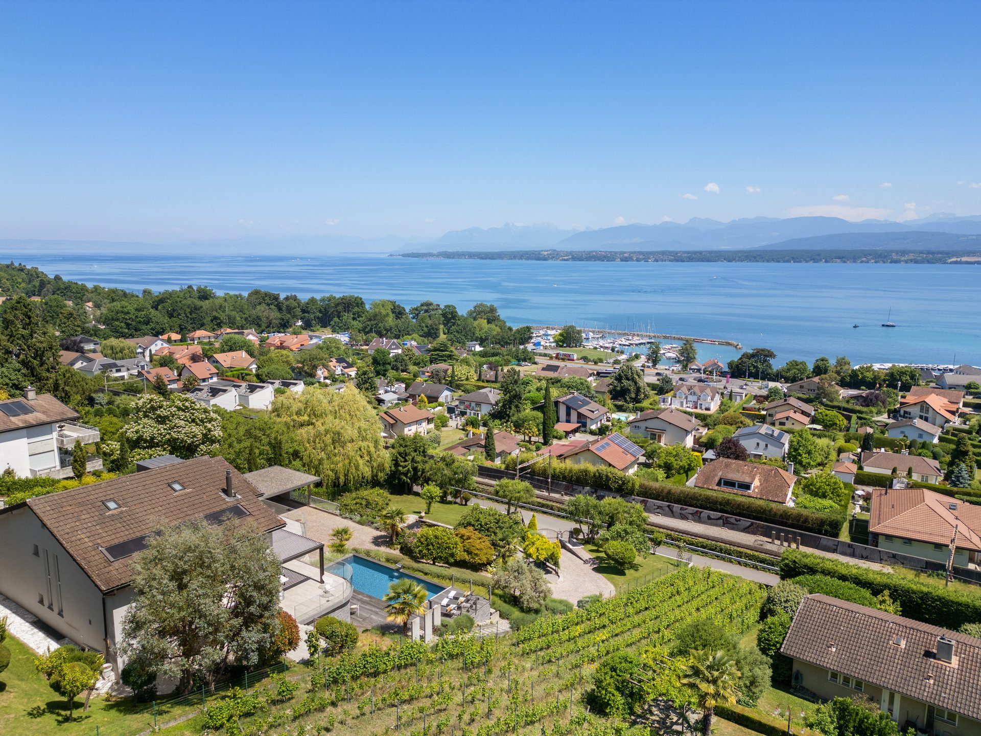 Aerial view of Crans, the village and Lake Geneva